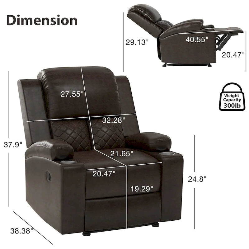 Fauteuil inclinable manuel brun/noir, une place, pour 1 personne