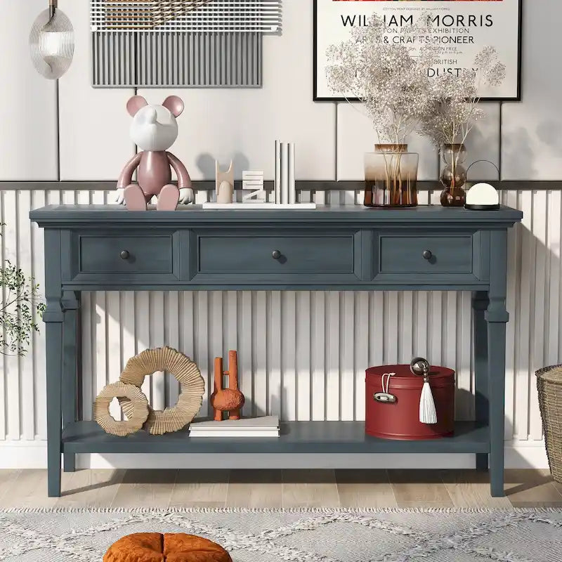 Console rétro avec 3 tiroirs et étagère inférieure – Bleu marine / Blanc antique / Gris délavé / Espresso
