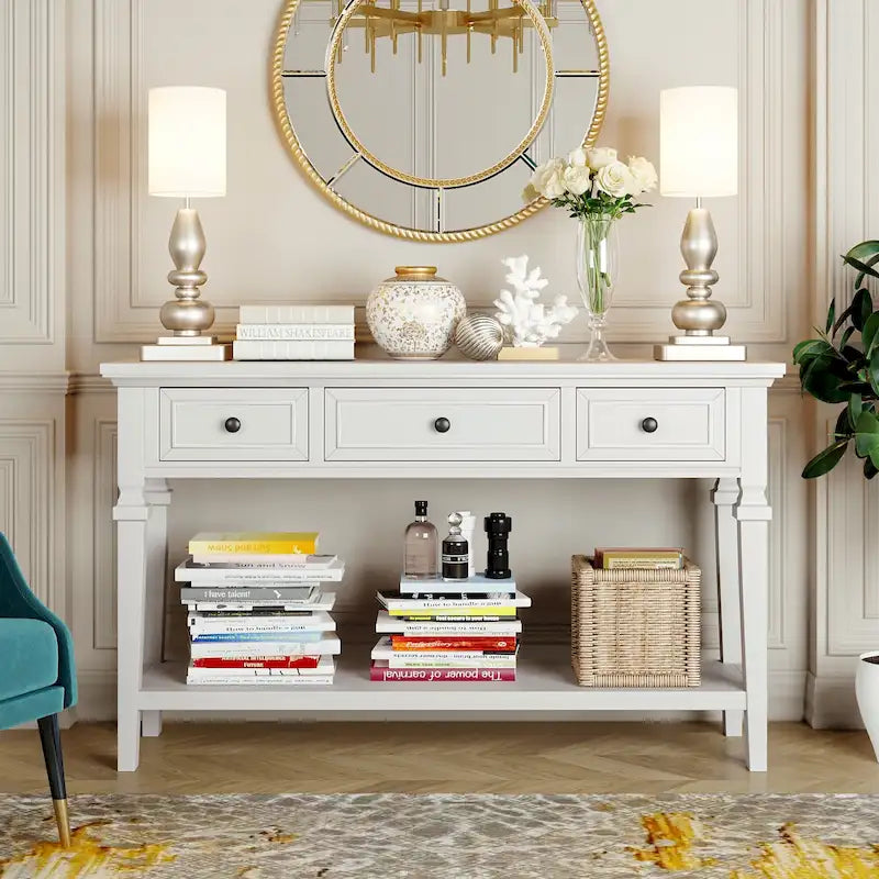 Console rétro avec 3 tiroirs et étagère inférieure – Bleu marine / Blanc antique / Gris délavé / Espresso