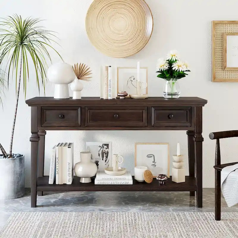 Console rétro avec 3 tiroirs et étagère inférieure – Bleu marine / Blanc antique / Gris délavé / Espresso