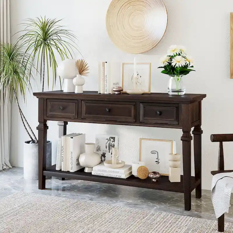 Console rétro avec 3 tiroirs et étagère inférieure – Bleu marine / Blanc antique / Gris délavé / Espresso