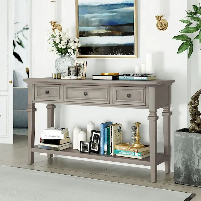 Console rétro avec 3 tiroirs et étagère inférieure – Bleu marine / Blanc antique / Gris délavé / Espresso