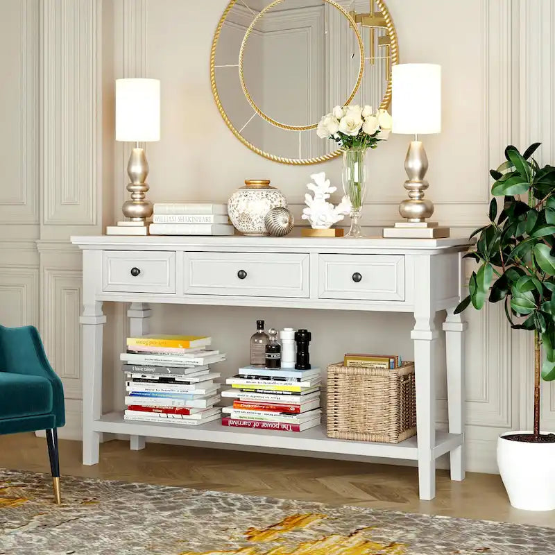 Console rétro avec 3 tiroirs et étagère inférieure – Bleu marine / Blanc antique / Gris délavé / Espresso