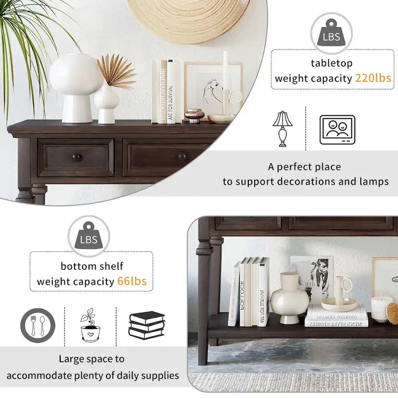 Console rétro avec 3 tiroirs et étagère inférieure – Bleu marine / Blanc antique / Gris délavé / Espresso