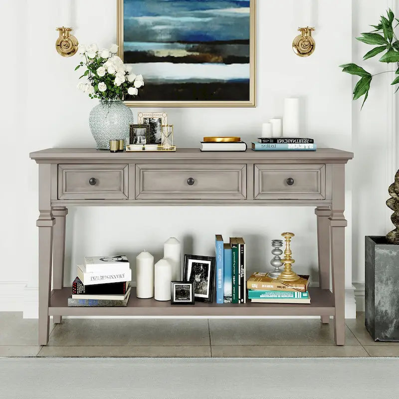 Console rétro avec 3 tiroirs et étagère inférieure – Bleu marine / Blanc antique / Gris délavé / Espresso