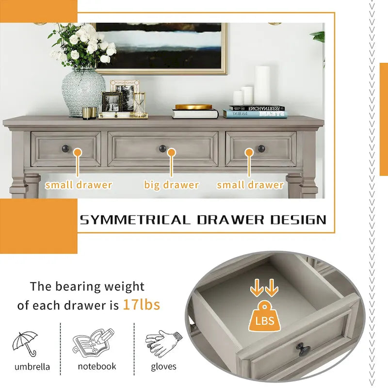 Console rétro avec 3 tiroirs et étagère inférieure – Bleu marine / Blanc antique / Gris délavé / Espresso