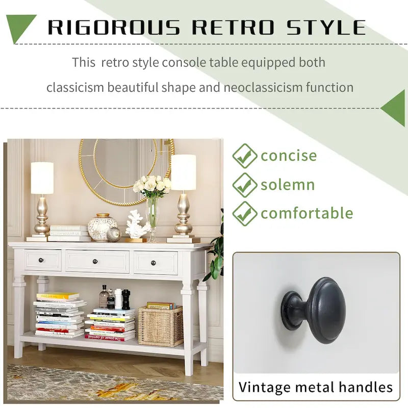 Console rétro avec 3 tiroirs et étagère inférieure – Bleu marine / Blanc antique / Gris délavé / Espresso