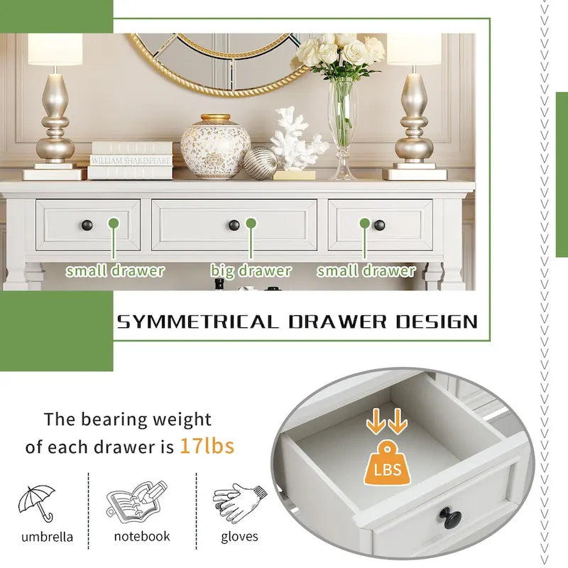 Console rétro avec 3 tiroirs et étagère inférieure – Bleu marine / Blanc antique / Gris délavé / Espresso
