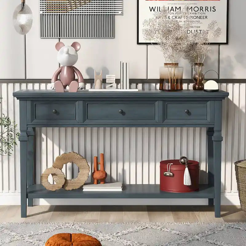 Console rétro avec 3 tiroirs et étagère inférieure – Bleu marine / Blanc antique / Gris délavé / Espresso