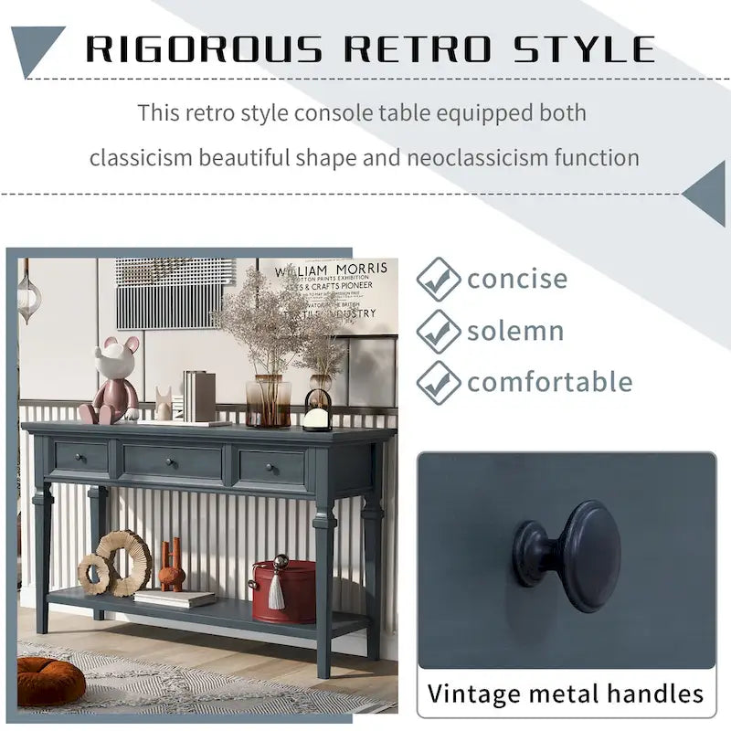 Console rétro avec 3 tiroirs et étagère inférieure – Bleu marine / Blanc antique / Gris délavé / Espresso
