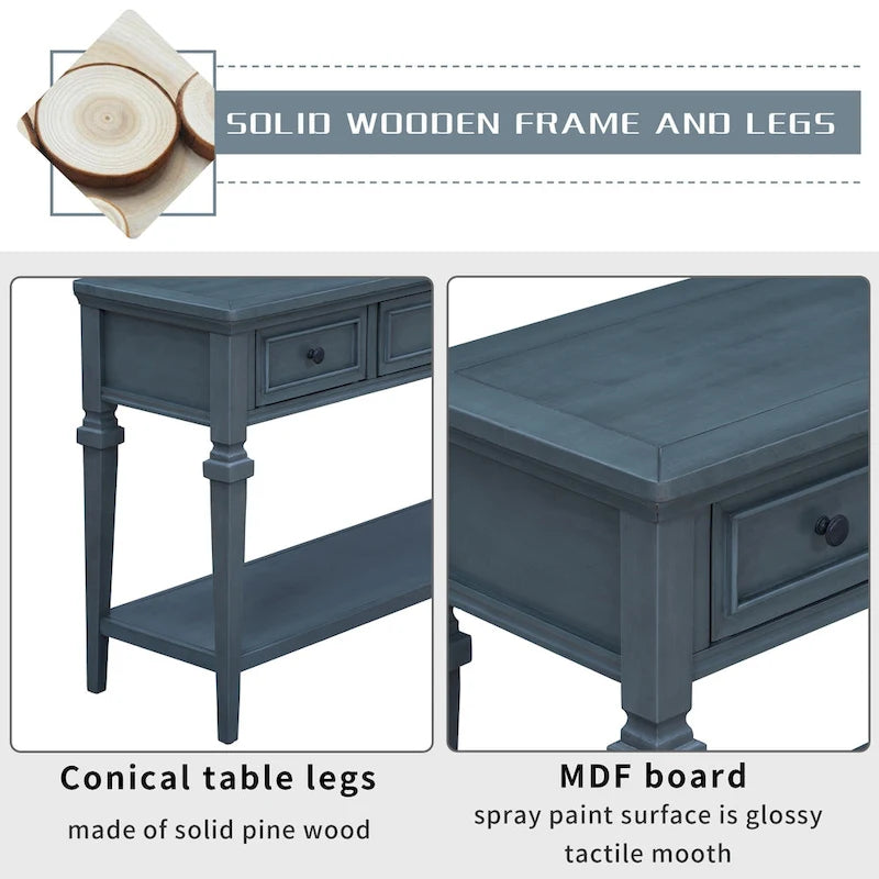 Console rétro avec 3 tiroirs et étagère inférieure – Bleu marine / Blanc antique / Gris délavé / Espresso