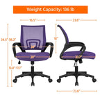 Chaise de bureau pivotante à dossier mi-haut en maille, gris foncé / rouge / gris / bleu / noir / violet, pour 1 personne
