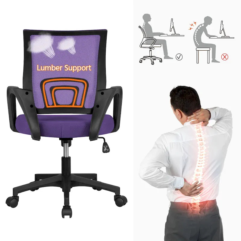 Chaise de bureau pivotante à dossier mi-haut en maille, gris foncé / rouge / gris / bleu / noir / violet, pour 1 personne