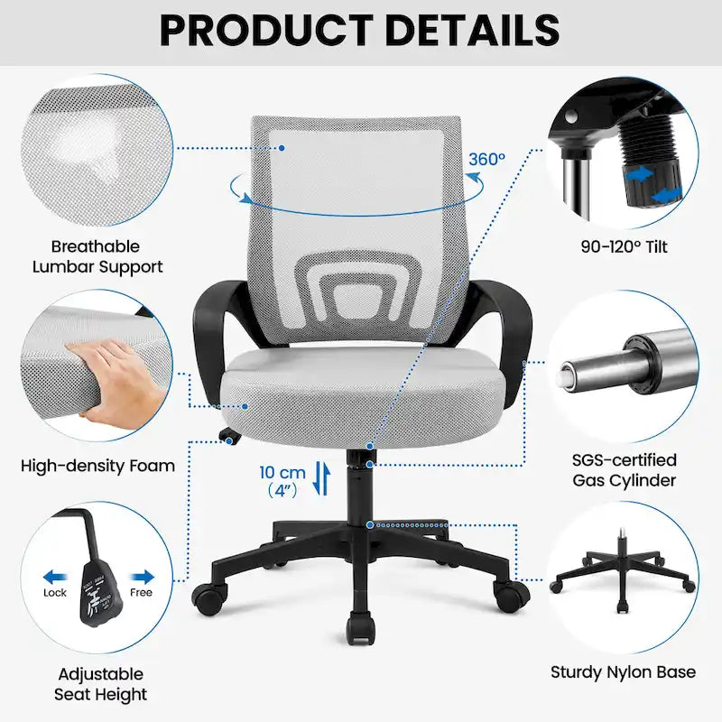 Chaise de bureau pivotante à dossier mi-haut en maille, gris foncé / rouge / gris / bleu / noir / violet, pour 1 personne