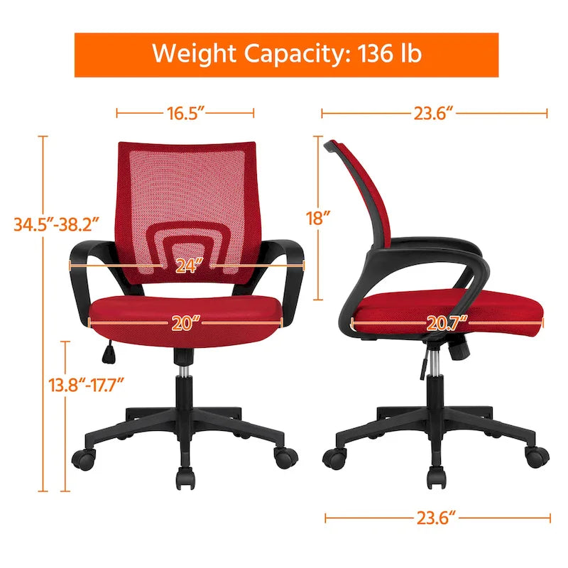 Chaise de bureau pivotante à dossier mi-haut en maille, gris foncé / rouge / gris / bleu / noir / violet, pour 1 personne