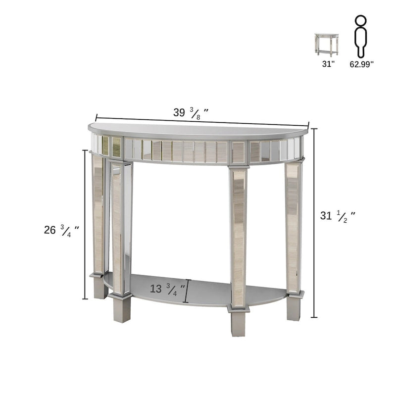 Console demi-lune argentée avec étagère, 1 personne