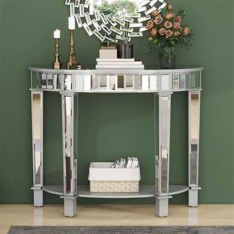 Console demi-lune argentée avec étagère, 1 personne