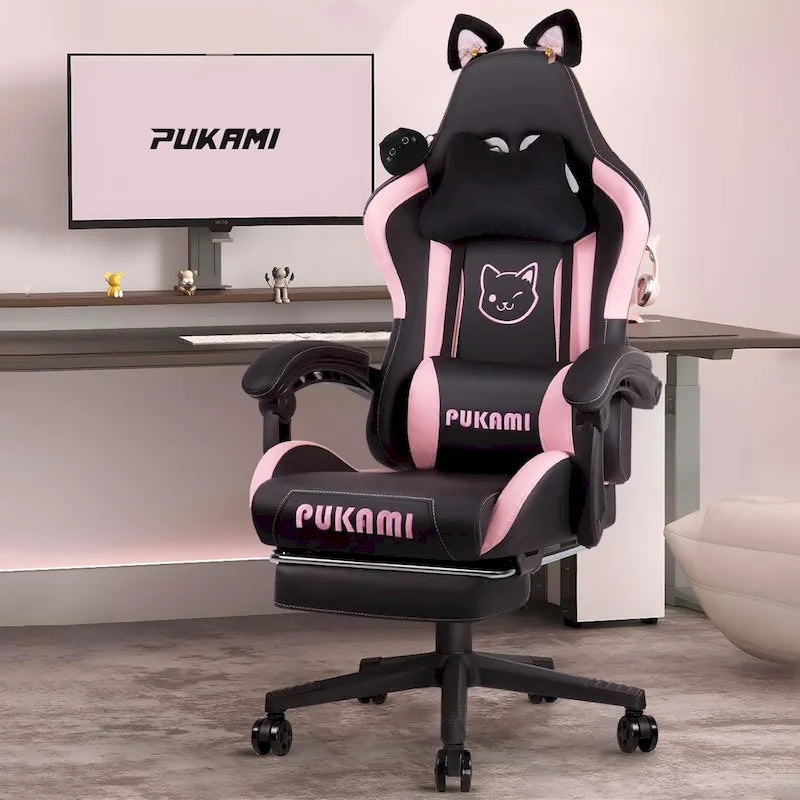 Chaise Gaming Kawaii Noire / Rose avec Oreilles de Chat et Repose-Pieds, pour 1 Personne