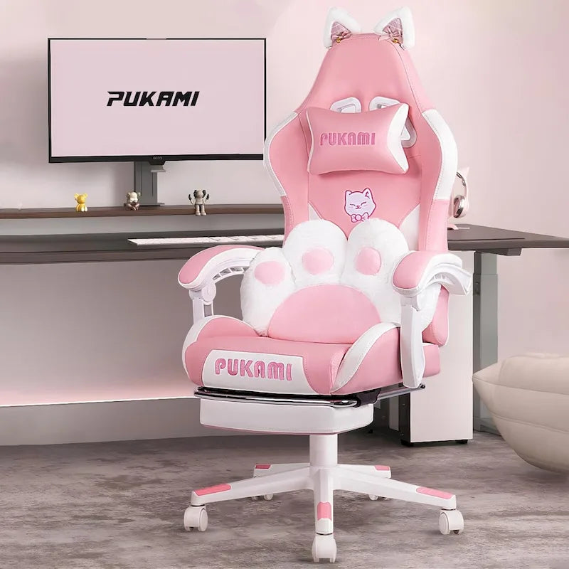 Chaise Gaming Kawaii Noire / Rose avec Oreilles de Chat et Repose-Pieds, pour 1 Personne