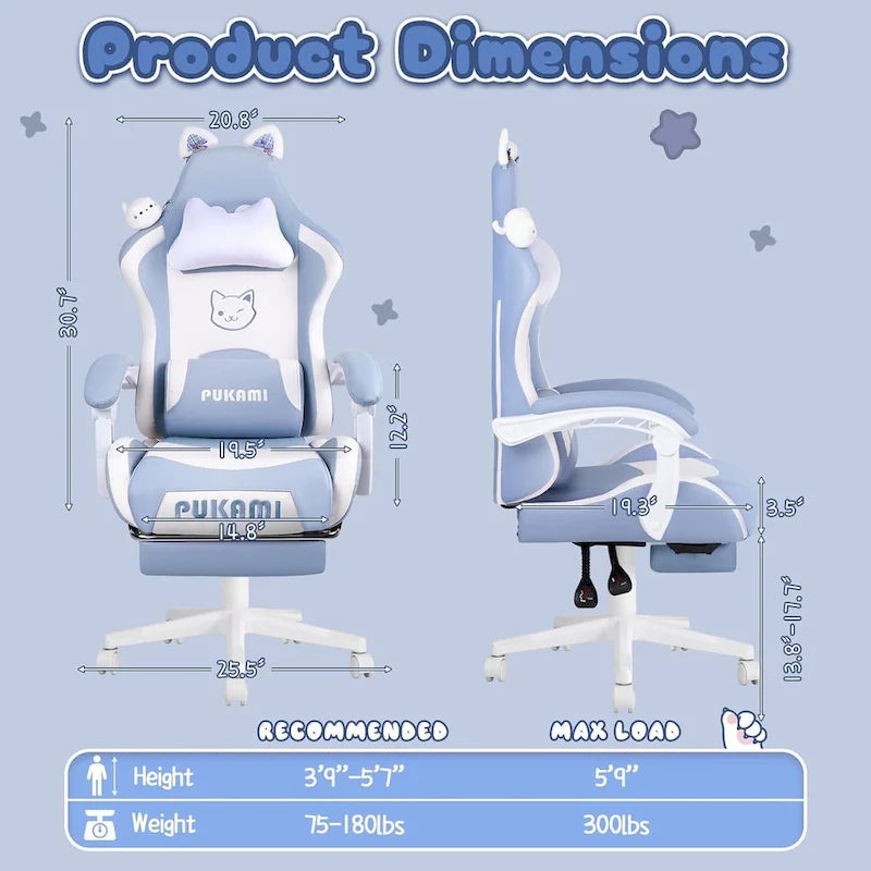 Chaise Gaming Kawaii Noire / Rose avec Oreilles de Chat et Repose-Pieds, pour 1 Personne