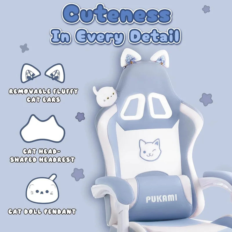 Chaise Gaming Kawaii Noire / Rose avec Oreilles de Chat et Repose-Pieds, pour 1 Personne