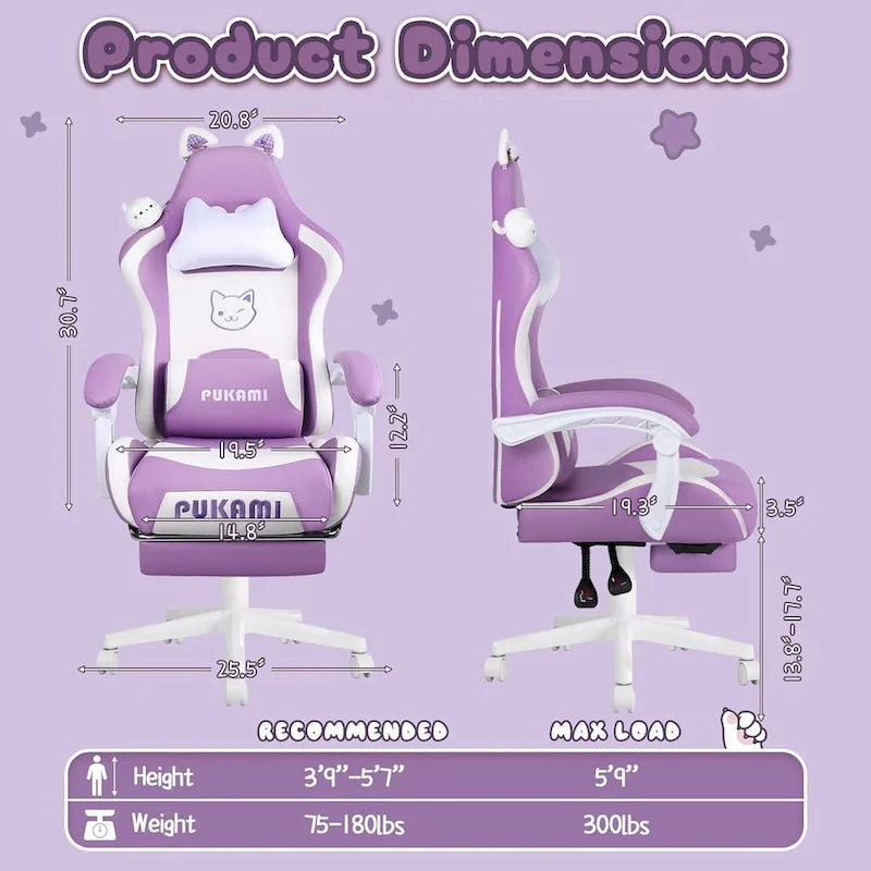 Chaise Gaming Kawaii Noire / Rose avec Oreilles de Chat et Repose-Pieds, pour 1 Personne