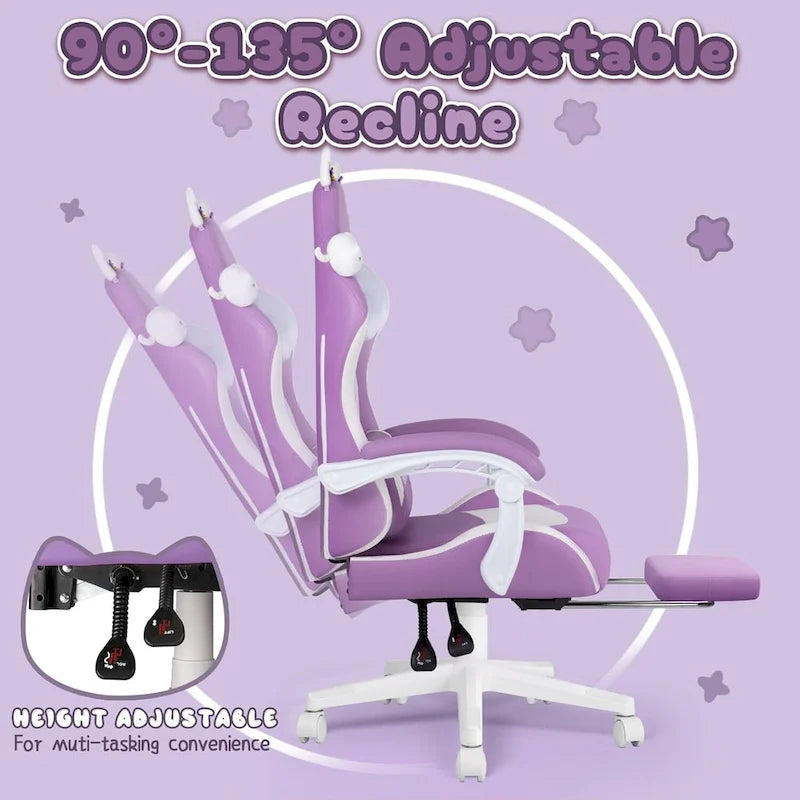 Chaise Gaming Kawaii Noire / Rose avec Oreilles de Chat et Repose-Pieds, pour 1 Personne