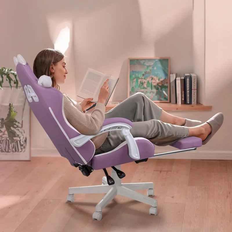 Chaise Gaming Kawaii Noire / Rose avec Oreilles de Chat et Repose-Pieds, pour 1 Personne