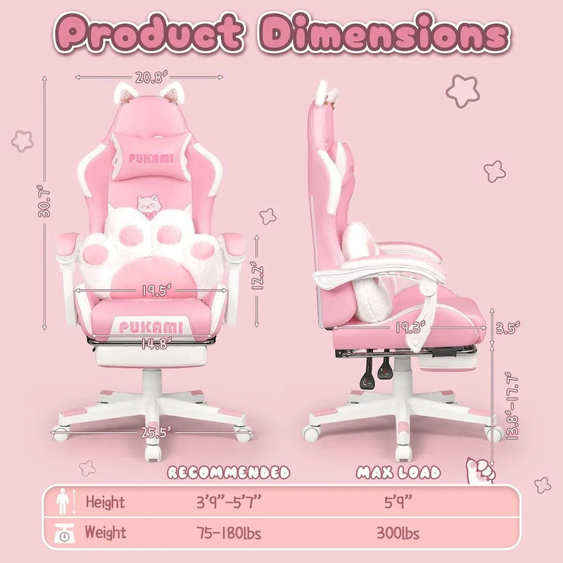 Chaise Gaming Kawaii Noire / Rose avec Oreilles de Chat et Repose-Pieds, pour 1 Personne