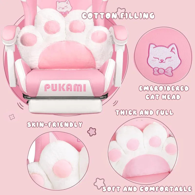 Chaise Gaming Kawaii Noire / Rose avec Oreilles de Chat et Repose-Pieds, pour 1 Personne