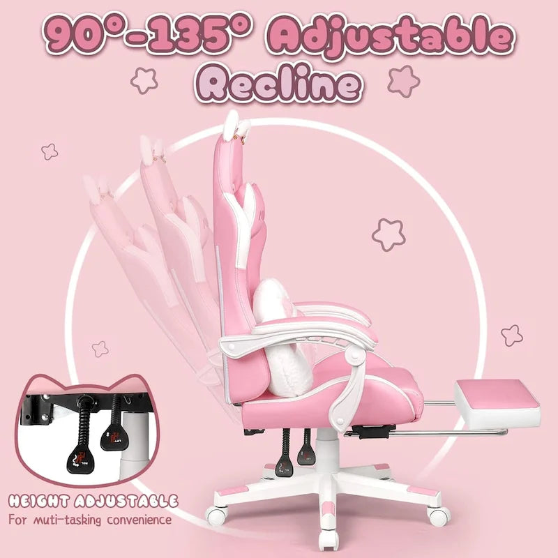 Chaise Gaming Kawaii Noire / Rose avec Oreilles de Chat et Repose-Pieds, pour 1 Personne