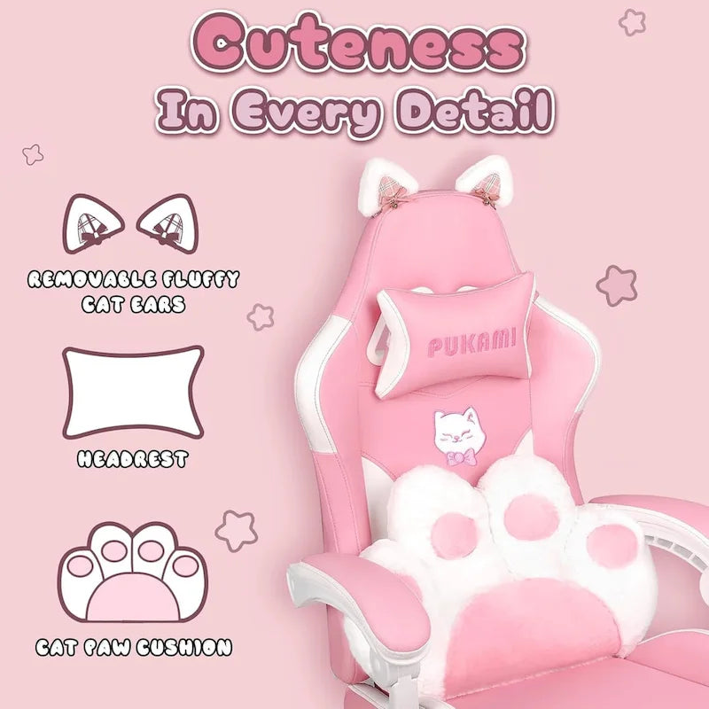 Chaise Gaming Kawaii Noire / Rose avec Oreilles de Chat et Repose-Pieds, pour 1 Personne