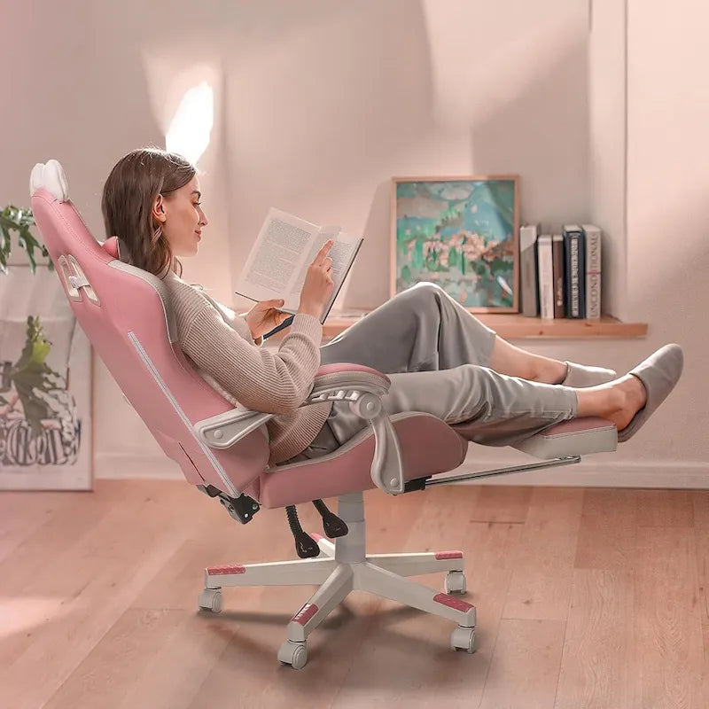 Chaise Gaming Kawaii Noire / Rose avec Oreilles de Chat et Repose-Pieds, pour 1 Personne