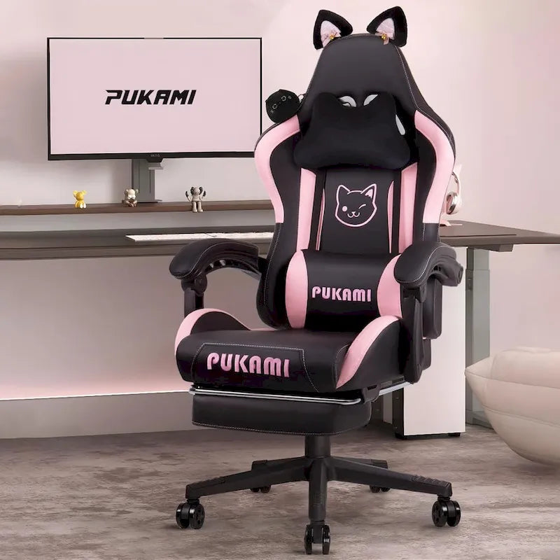 Chaise Gaming Kawaii Noire / Rose avec Oreilles de Chat et Repose-Pieds, pour 1 Personne