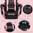 Chaise Gaming Kawaii Noire / Rose avec Oreilles de Chat et Repose-Pieds, pour 1 Personne