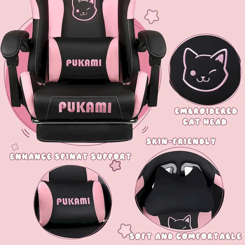 Chaise Gaming Kawaii Noire / Rose avec Oreilles de Chat et Repose-Pieds, pour 1 Personne