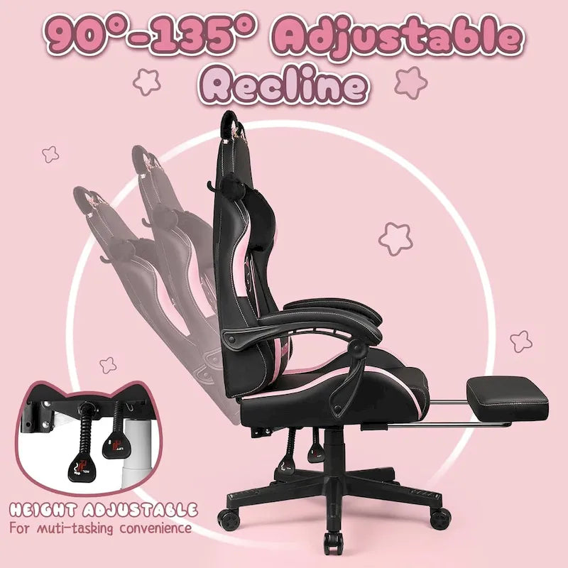 Chaise Gaming Kawaii Noire / Rose avec Oreilles de Chat et Repose-Pieds, pour 1 Personne