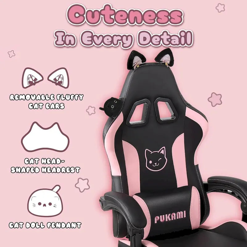 Chaise Gaming Kawaii Noire / Rose avec Oreilles de Chat et Repose-Pieds, pour 1 Personne
