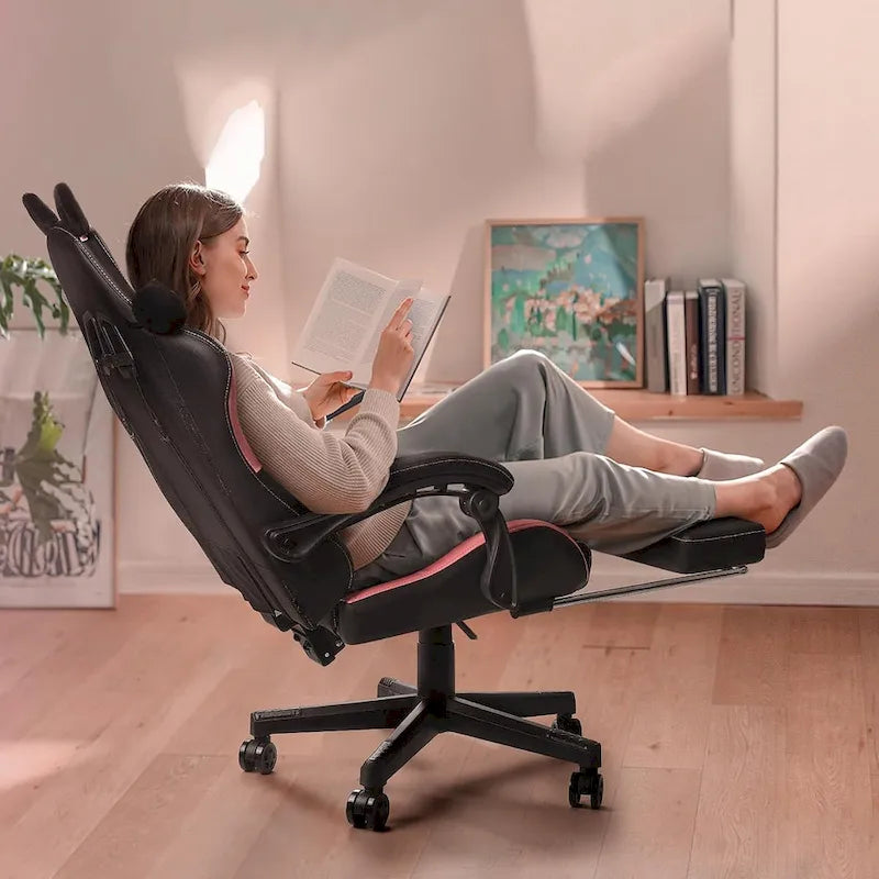 Chaise Gaming Kawaii Noire / Rose avec Oreilles de Chat et Repose-Pieds, pour 1 Personne